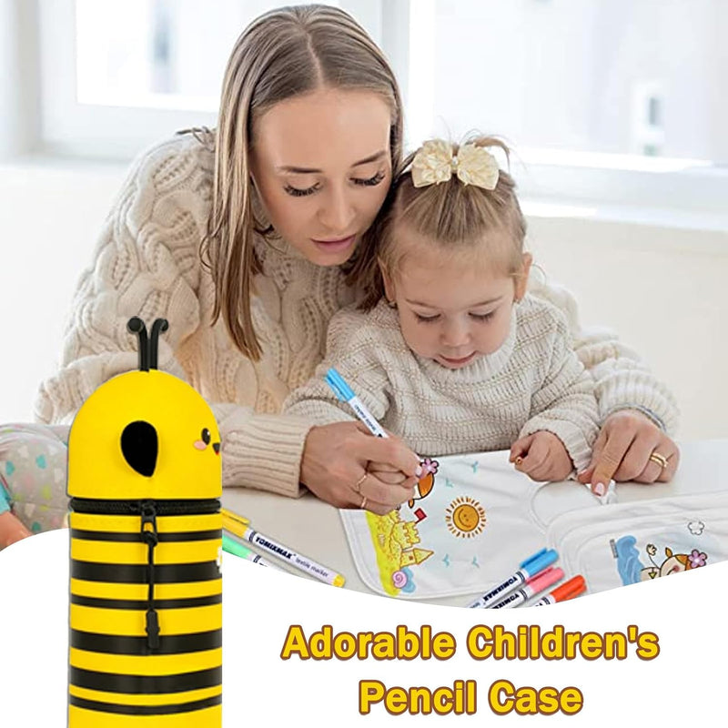 Little Bee Pencil Case 2 in 1, Kawaii Pen Case Soft Silicone, Cute Yellow Bee Table Pen Holder Pouch Pencil Case with Zipper for School Students Teens Girls Boys, Portable, Lightweight, Durable