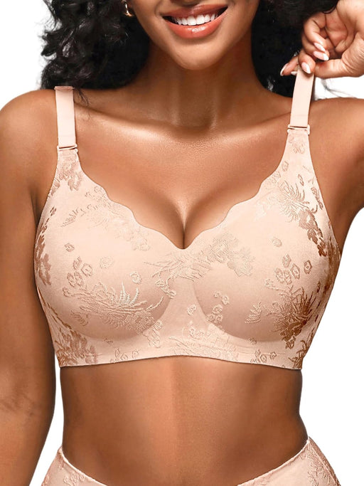 Wireless Bras for Women No Underwire, Seamless Comfortable Jacquard Bralettes, Padded T-Shirt Bra Sets - Skin