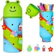 Vicloon Pencil Case, Pencil Case in Soft Silicone, 2 in 1 Silicone Pouches Big Capacity Desk Pen Holder, Retractable Capacity, Zipper Closure, Panda, Panda - Green Frog