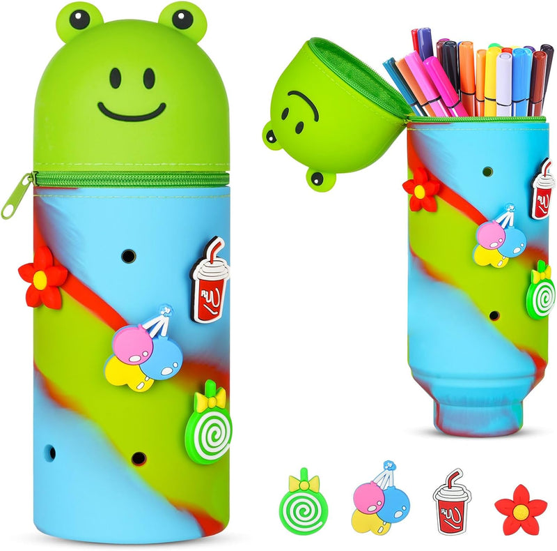 Vicloon Pencil Case, Pencil Case in Soft Silicone, 2 in 1 Silicone Pouches Big Capacity Desk Pen Holder, Retractable Capacity, Zipper Closure, Panda, Panda - Green Frog