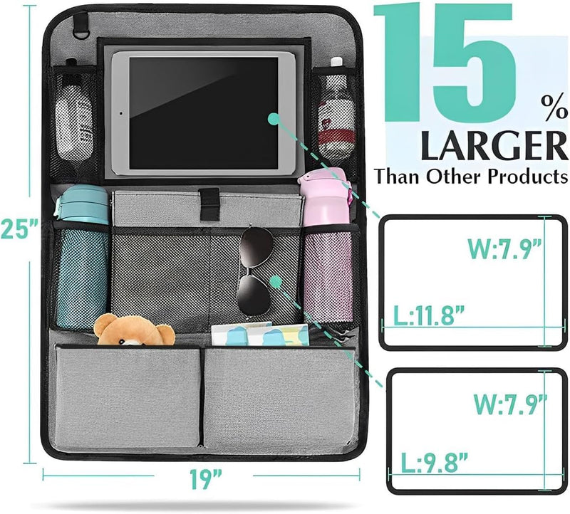 1Pcs Car SeatBack Organizer, Auto Seat Back Kick Mat with 9 Storage Pockets, Vehicle Waterproof Seat Protector with Touch Screen Tablet Holder for Kids, Universal Car Travel Accessories (19x25in,Gray)