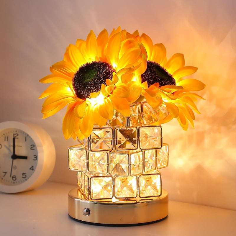 Sunflowers Flower Lamp Touch Lamp, 3-Colour LED Artificial Flowers Small Table Lamp Night Light with Crystal Clear Glass Vase, Rechargeable Cordless Table Lamp,Gift for Valentine Day,Mothers Day