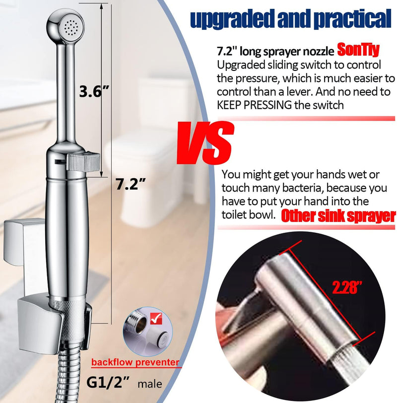 SonTiy All Brass Handheld Bidet Sprayer for Toilet, Cloth Diaper Toilet Sprayer Bidet Attachment with Backflow Preventer and Brass Valve Core for No-Leak, Polished Chrome, 5-Year Warranty
