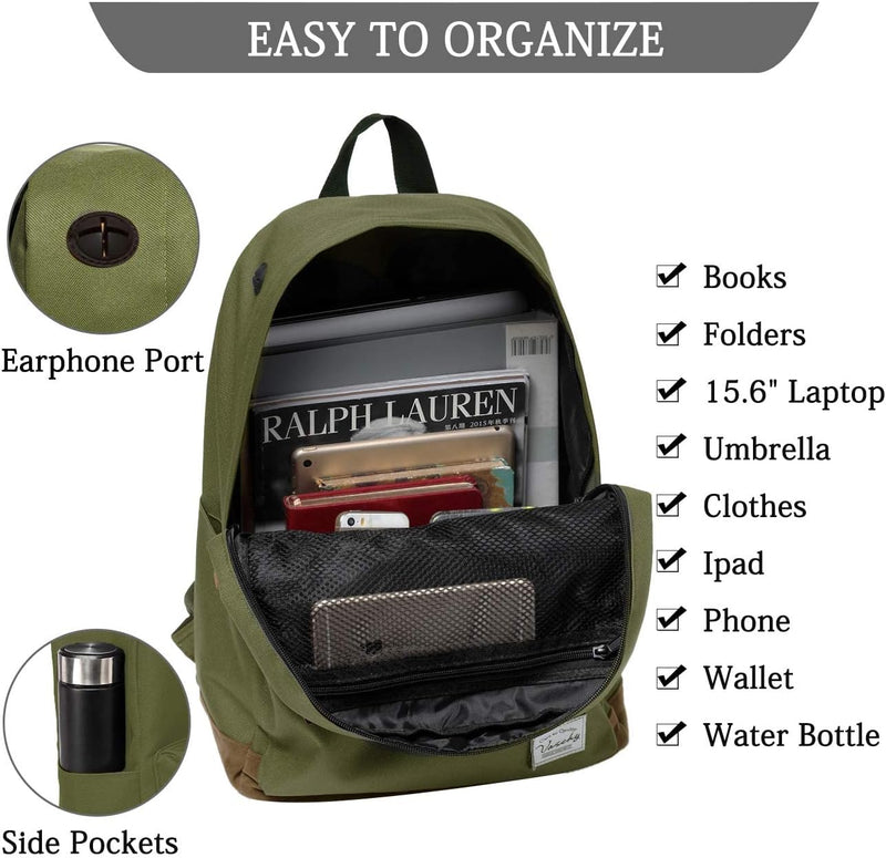 VASCHY Men's Backpack, Women's Waterproof School Bag, Boy Girl Computer 15.6 Inch Vintage for School, College, Work, Travel, Leisure