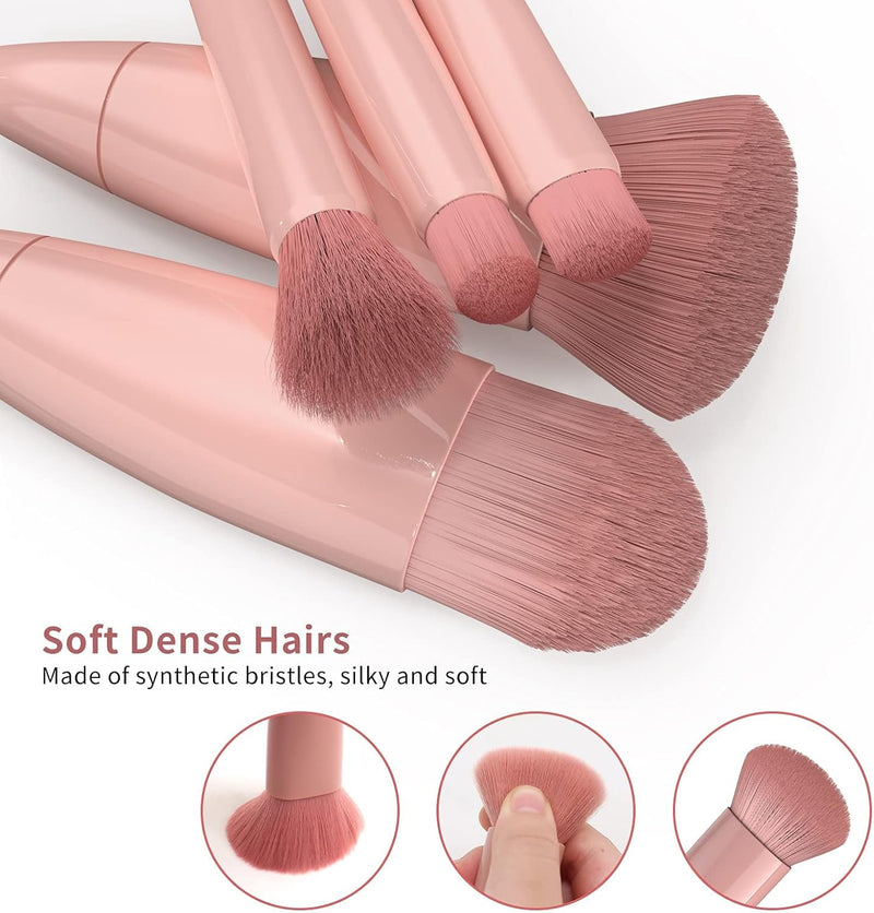 AMERTEER Travel Makeup Brushes Set, 5Pcs Mini Professional Cosmetic Brush Kit with Mirror, Soft Bristles, Portable Cosmetic Brushes for Foundation, Blush, Eyeshadow, Face Ideal Gift for Women