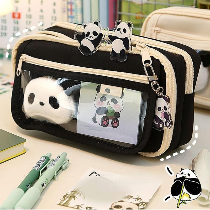 Panda Pencil Case, 10Pcs Cute Panda Pencil Case Large Capacity, Adults Aesthetic Pencil Case, Kawaii Pencil Pouch Cute With Zipper Preppy Pen Bag With Gel Ink Pens, Clips, Stickers, Pin (Black)