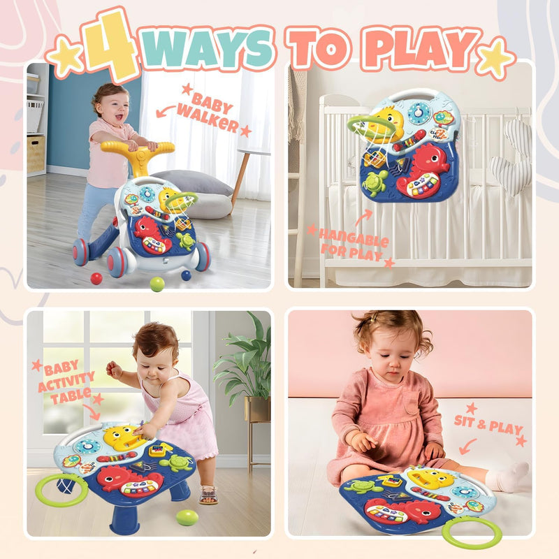 3 in 1 Learning Walker for Babies,Sit to Stand Baby Walker, Baby Push Walkers and Activity Center Walker, Musical Walking Toys, Adjustable Push Walkers for Boys Girls Toddlers Over 6 Months - B