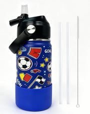 Stainless Steel Kids Water Bottles with straw, 18oz/530ml Insulated Water Bottle with Handle, Hot Water Bottle, Sports Water Bottle, BPA Free, Keep Cold and Hot, Water Bottle for School - Football-Straw lid 12 ounces