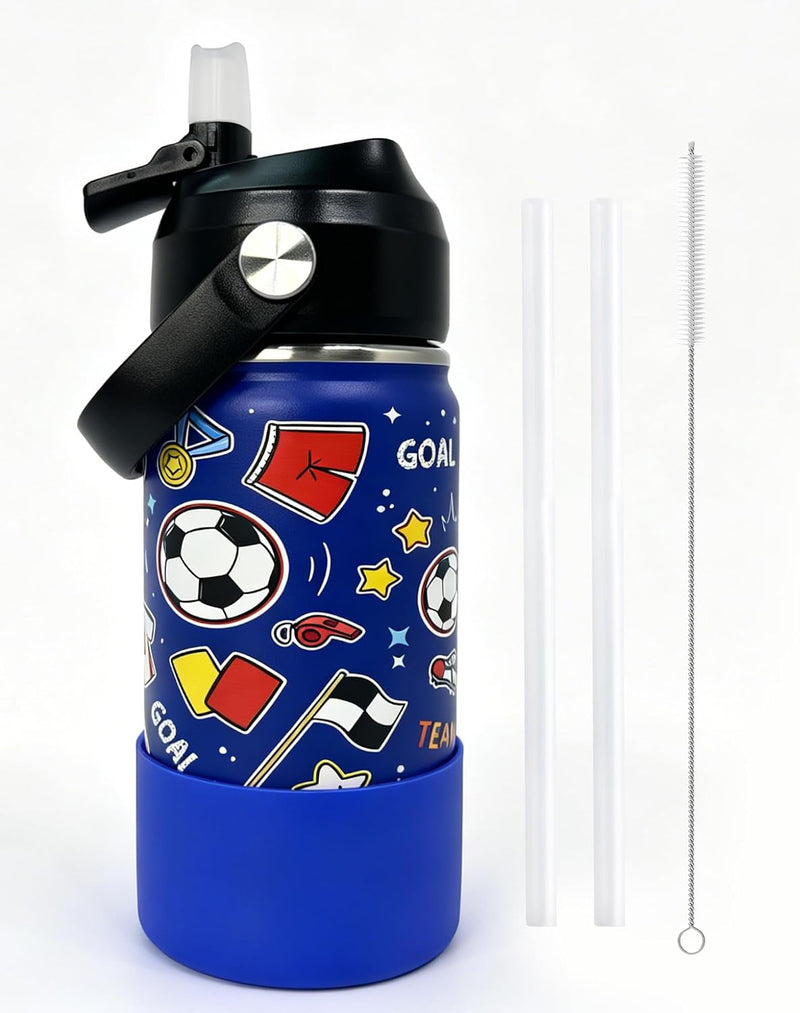 Stainless Steel Kids Water Bottles with straw, 18oz/530ml Insulated Water Bottle with Handle, Hot Water Bottle, Sports Water Bottle, BPA Free, Keep Cold and Hot, Water Bottle for School - Football-Straw lid 12 ounces