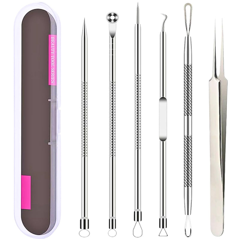 6 PCS Blackhead Remover Comedone Extractor Acne Needle Tools Set Professional Stainless Blackhead Tweezer Kit Removing Whitehead Popping Zit for Nose Face Skin Blemish Treatment Pimple Popper Tool Kit