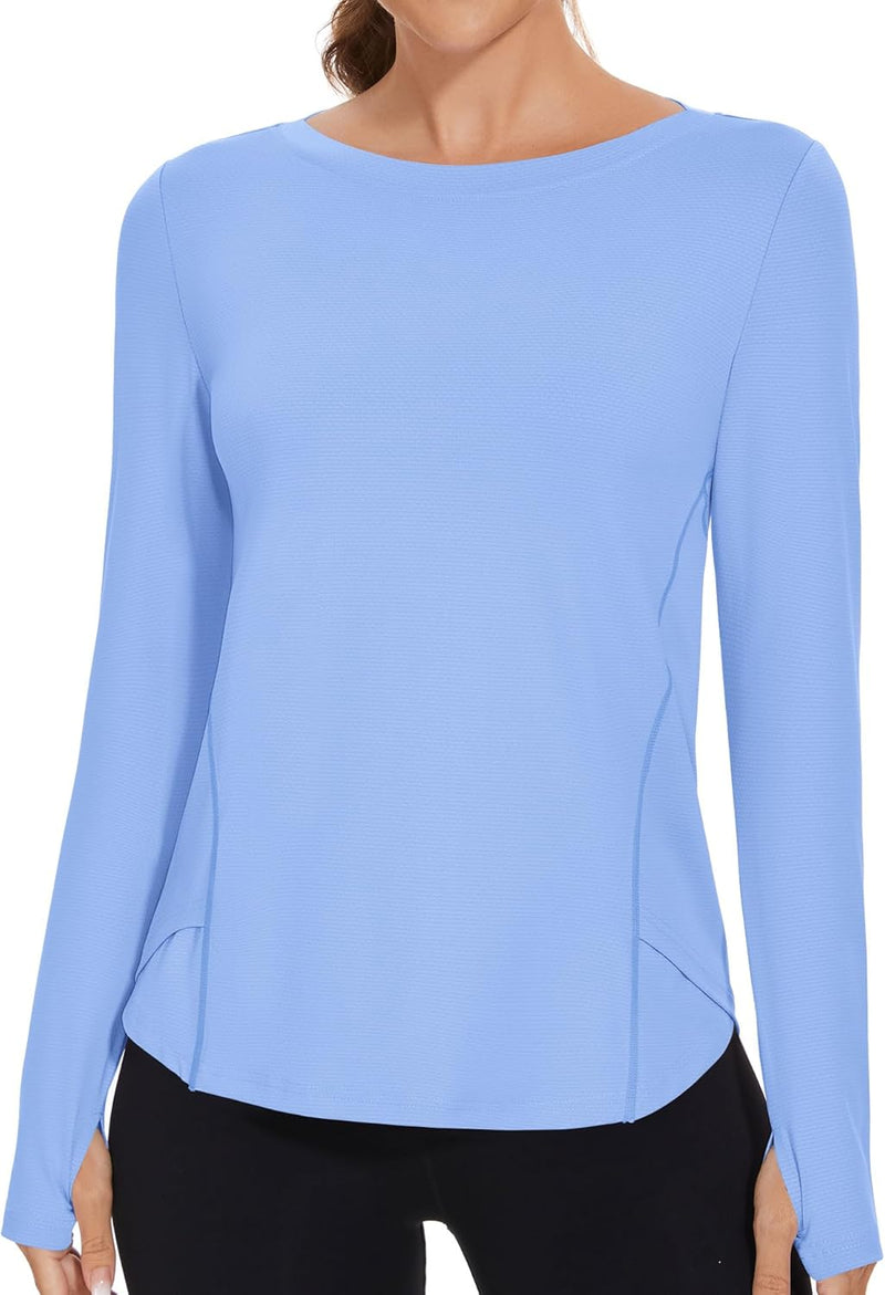 Rapbin Women's UPF 50+ Sun Protection T-Shirts Long Sleeve Boat Neck Workout Lightweight Quick Dry Top with Thumb Hole