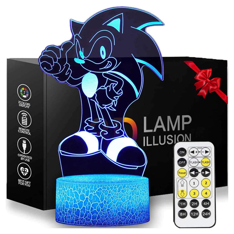 QIKI 3D Illusion Sonic The Hedgehog Night Light, Anime Table Lamp with Remote Control & Smart Touch & Timer,Kids Bedroom Decoration, Birthday for Age 2 3 4 5 6 7+ Year Old Kids Gifts (Sonic)