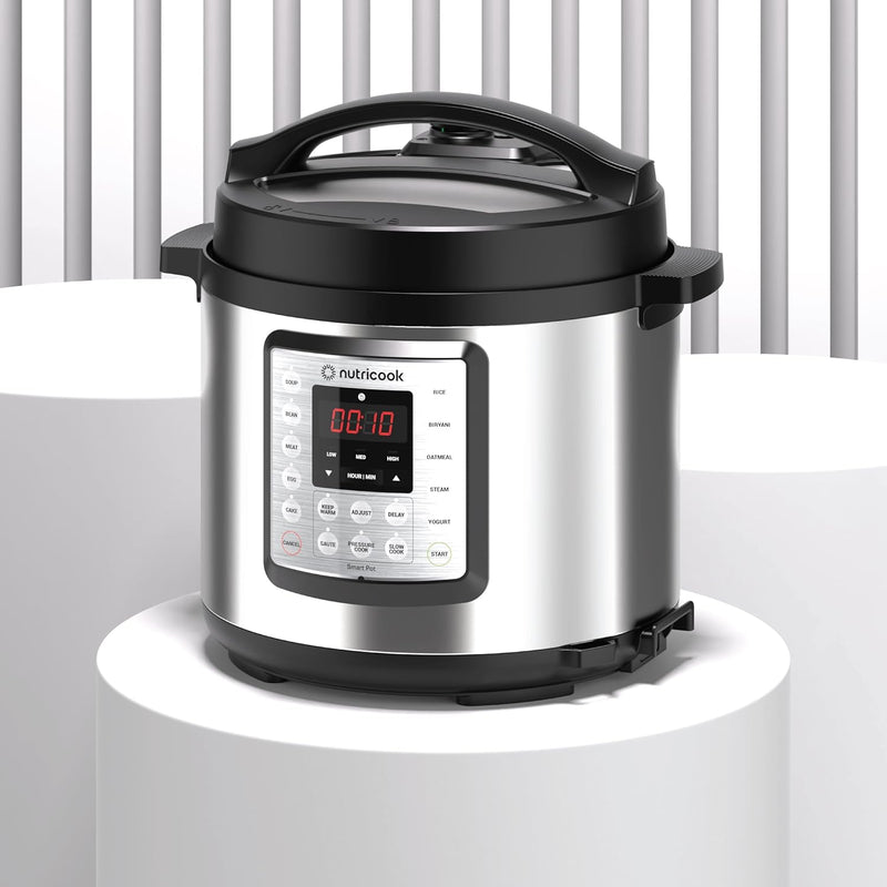 Nutricook Smart Pot Eko, 1000 Watts - 9 In 1 Instant Programmable Electric Pressure Cooker, 6 Liters, 14 Smart Programs, Brushed Stainless Steel/Black, 2 Years Warranty, Silver/Black