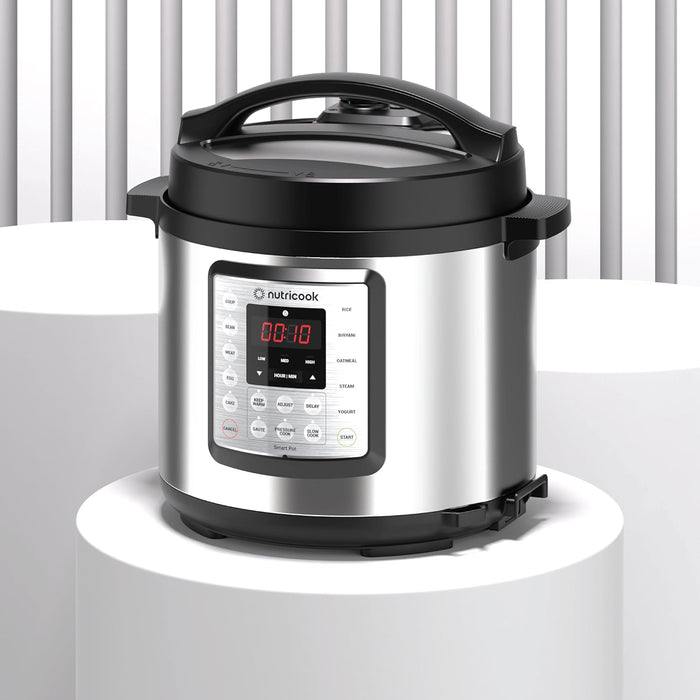 Nutricook Smart Pot Eko, 1000 Watts - 9 In 1 Instant Programmable Electric Pressure Cooker, 6 Liters, 14 Smart Programs, Brushed Stainless Steel/Black, 2 Years Warranty, Silver/Black