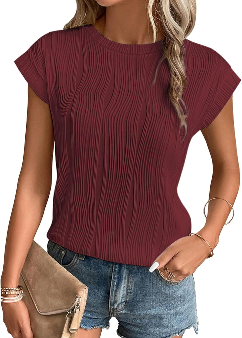 Womens Short Sleeve Summer Tops Crewneck Textured Shirts Basic T Shirt Casual Work Blouses - Winered