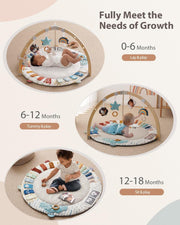 Blissful Diary Baby Play Gym & Mat, 5 Development Zones, Baby Activity Mat, Wooden Mat with 6 Detachable Sensory Toys for Motor Skills and Sensory Development,