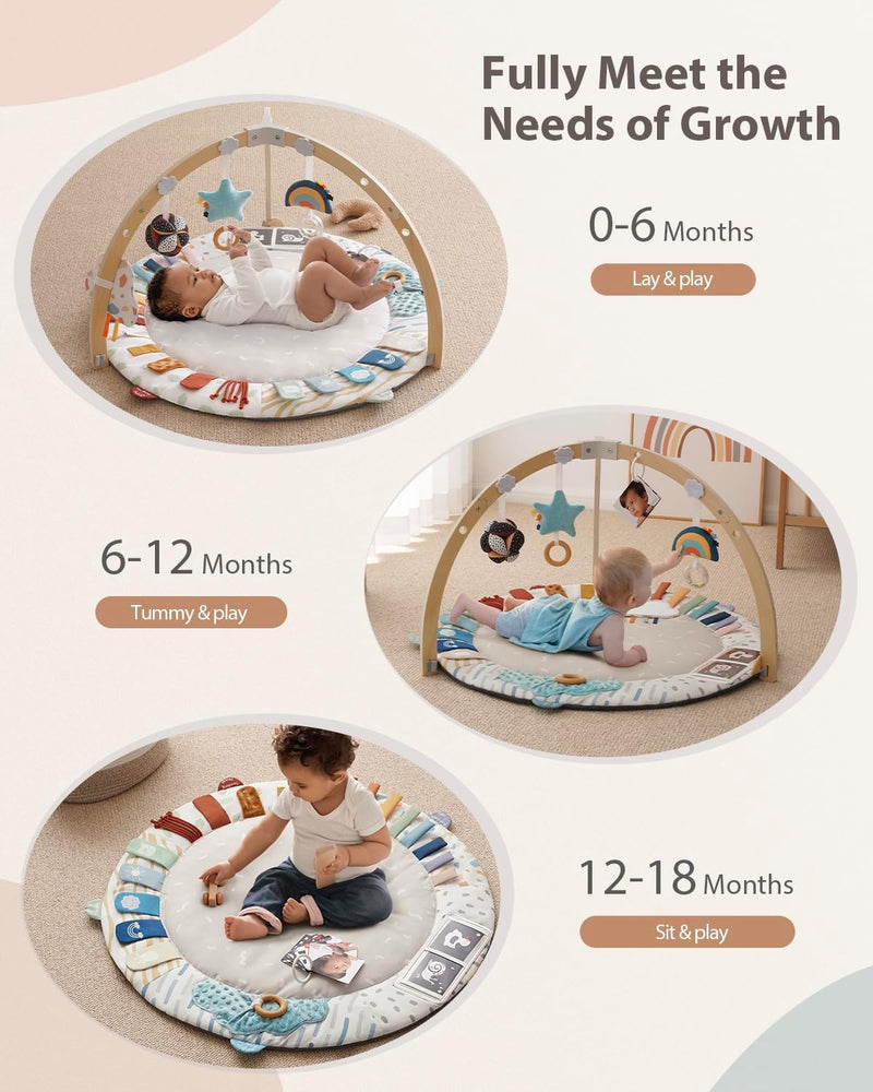 Blissful Diary Baby Play Gym & Mat, 5 Development Zones, Baby Activity Mat, Wooden Mat with 6 Detachable Sensory Toys for Motor Skills and Sensory Development,