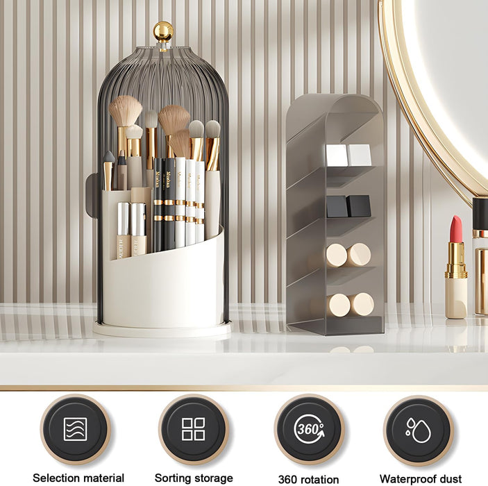 FOREENIU Modern Transparent Black Makeup Brush Holder Organizer with 360° Rotating Clear Dust Cover, 3 Compartment Cosmetic Organizer for Vanity, Desktop, Bathroom