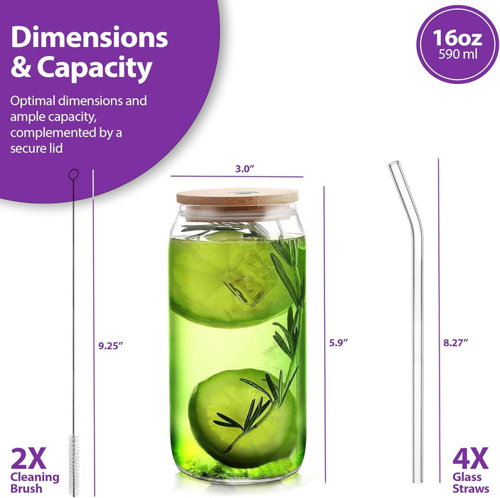 CasaWave 4 Drinking Glasses with Bamboo Lids and Glass Straw - 4 Pcs Can Shaped Glass Cups, Iced Coffee Cups, Cute Tumbler Cups with 2 Cleaning Brush, Ideal for Cocktail, Soda, Tea, Gift