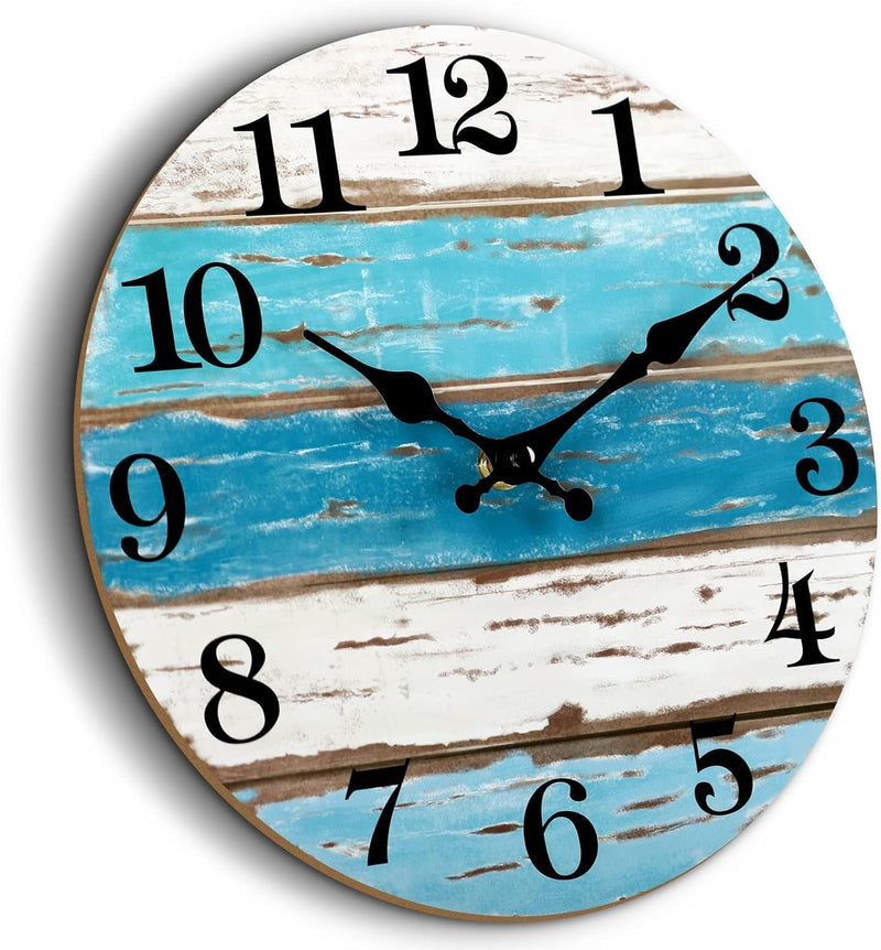 CHYLIN Wall Clock - CHYLIN Silent Non Ticking Wall Clocks Battery Operated, Rustic Coastal Country Clock Decorative for Bathroom Kitchen Bedroom Living Room(10 Inch) - 12 Inch Blue