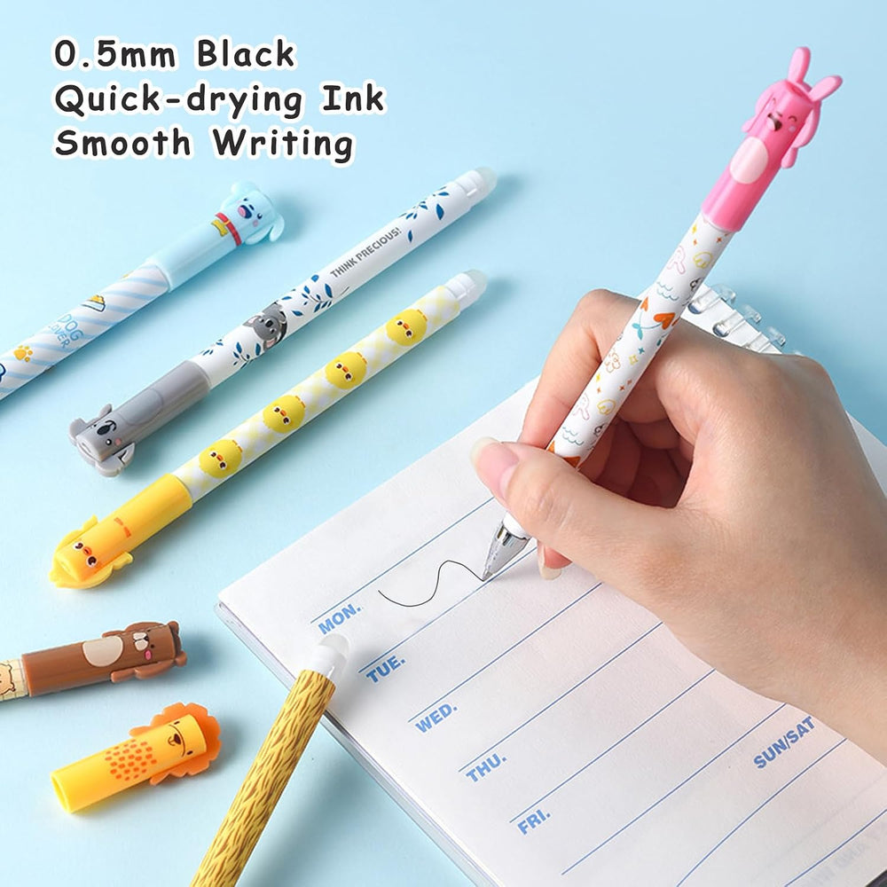 Erasable Gel Pen,6 Pcs 0.5mm Black Erasable Writing Pens,Cute Cartoon Animal Rub Out Gel Pens with Erasers,Great for School Supplies and Office Stationery