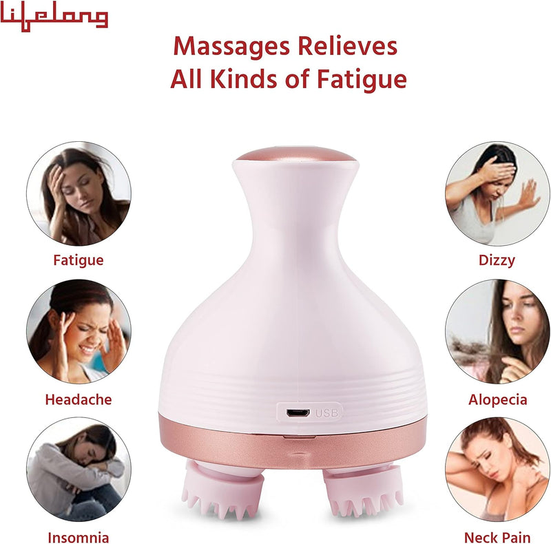Lifelong LLM225 Rechargeable Head, Scalp Full Body Pain Relief Massager, Electric Head Kneading Massager,4 Speed Modes,Handheld Portable Head Scratcher for Hair Growth,Deep Clean & Relaxation,Brown