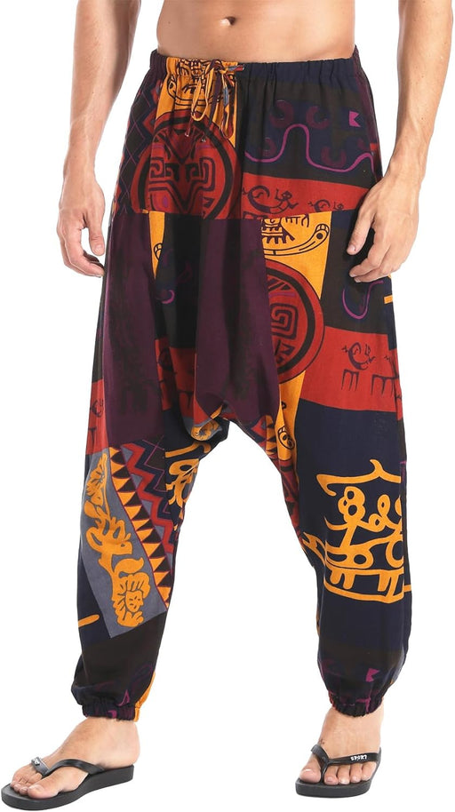 Mens Cotton Linen Harem Pants Elastic Waist Baggy Hippie Yoga Pants - Orange