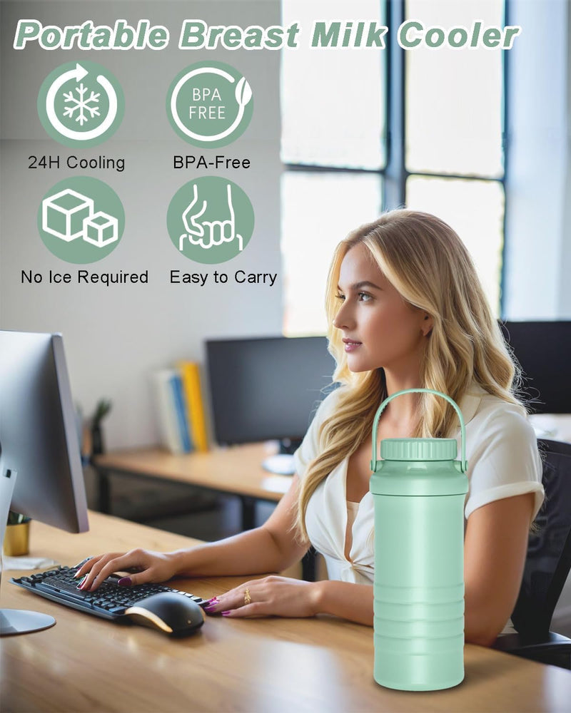 22oz Portable Breast Milk Cooler for Outdoor, Life Saver with 360 Total Cooling Gel Ice Pack for 24 Hours, Baby Travel Breastfeeding Essential Chiller with 2pcs Bottles for Breastmilk Storage, Green