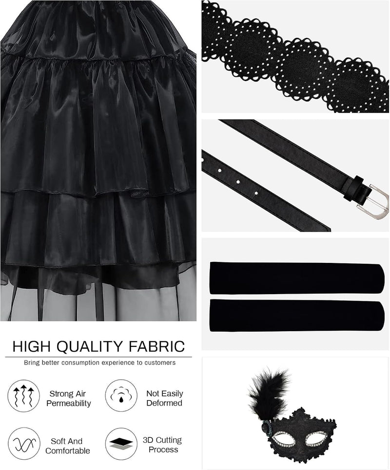 14 Pack Wednesday Black Costume, Wednesday Girls Dress, Kids/Teens Black Family Costumes, Girls Halloween Costumes Perfect for Halloween, Cosplay, and Parties