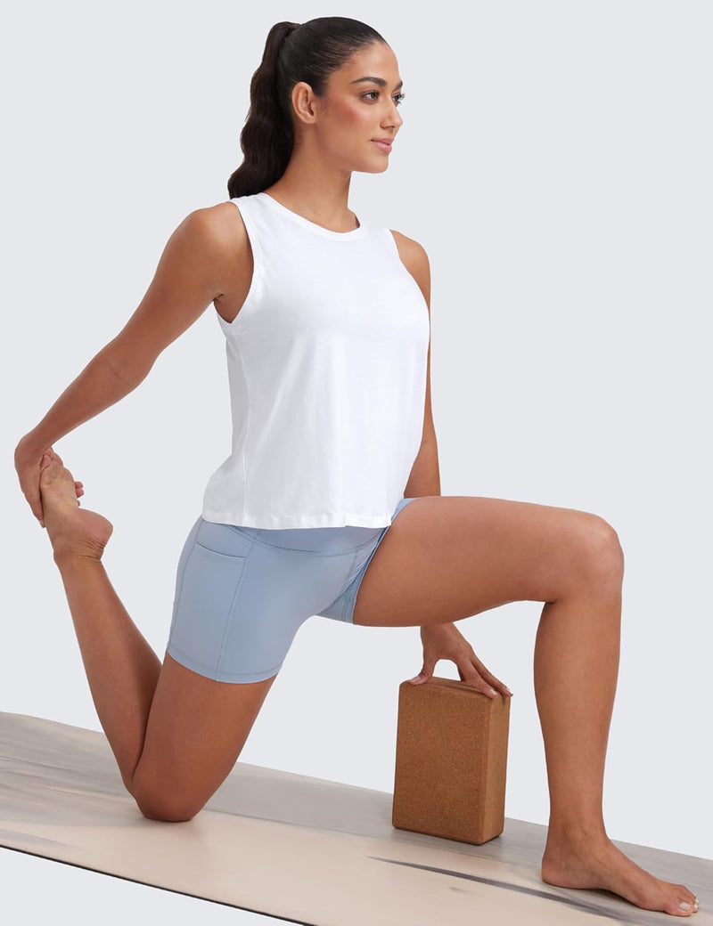 CRZ YOGA Women's Pima Cotton Loose Cropped Tank Tops Workout High Neck Sleeveless Athletic Gym Shirts