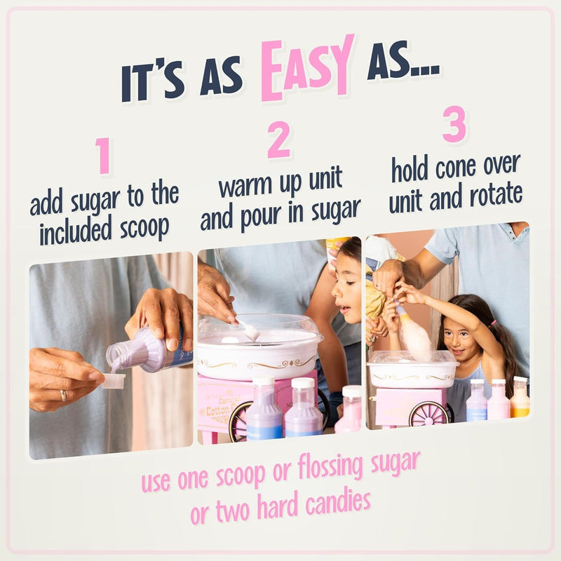 Retro Cotton Candy Machine for Kids, Includes 2 Reusable Cones, 1 Sugar Scoop, 1 Extractor Head, Vintage Hard & Sugar-Free Cotton Candy Maker, Pink