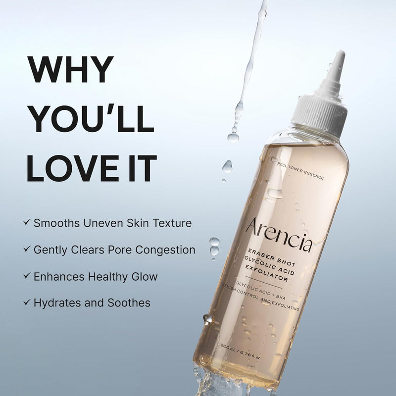 Erasor Glycolic Acid 10% Exfoliating Toner, AHA + BHA Liquid Exfoliant for Skin Texture & Pore Care, Hydrating & Smoothing Formula, 200ml / 6.76 fl oz