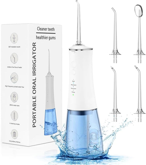 SKY-TOUCH Cordless Water Flosser Portable Dental Oral Irrigator with 4 Modes & 4 Nozzles, 280ml Water Tank, Rechargeable & Waterproof for Teeth, Braces & Gum Care, Home & Travel Use