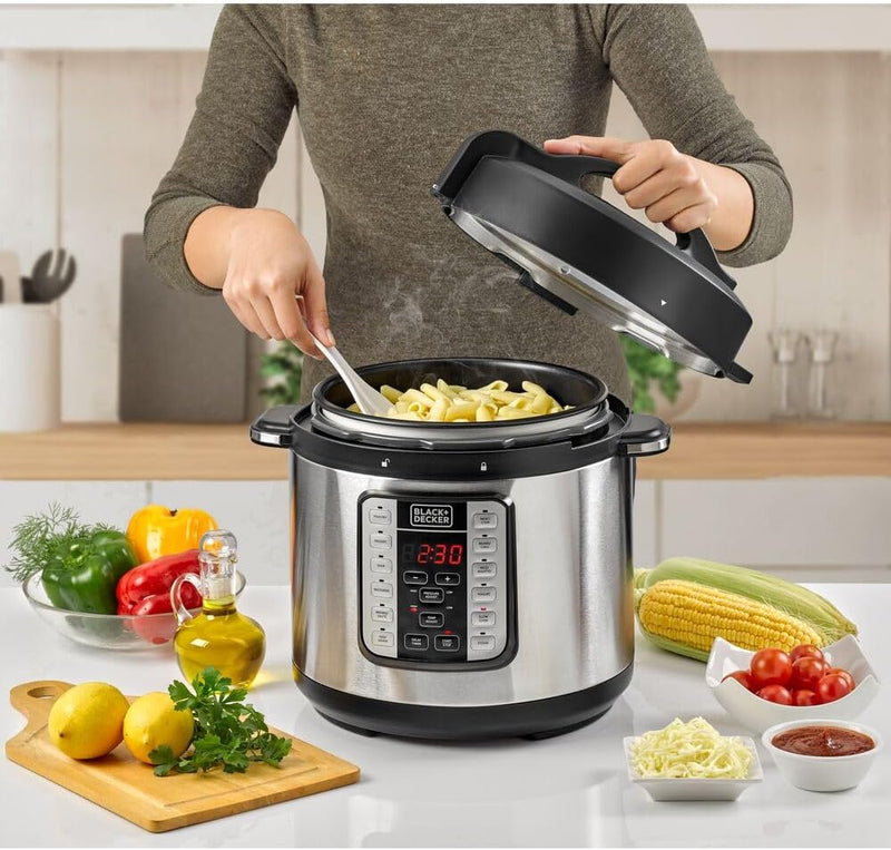 Black & Decker 1000W 6L Electric Pressure Cooker 7in1, With 12 Smart Programs 9 Safety Features Dishwasher Safe with Accessories, For Quick and Easy Meals PCP1000-B5 2 Years Warranty