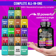 NAD Supplement 300mg & Resveratrol 1000mg Organic. Proprietary Longevity Formula with Liposomal NAD+, Trans Resveratrol, Quercetin, Betaine Anhydrous, Grape Seed, Fisetin. 90 Capsules, 9555mg/Serv.