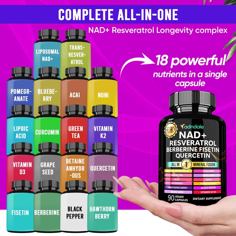 NAD Supplement 300mg & Resveratrol 1000mg Organic. Proprietary Longevity Formula with Liposomal NAD+, Trans Resveratrol, Quercetin, Betaine Anhydrous, Grape Seed, Fisetin. 90 Capsules, 9555mg/Serv.