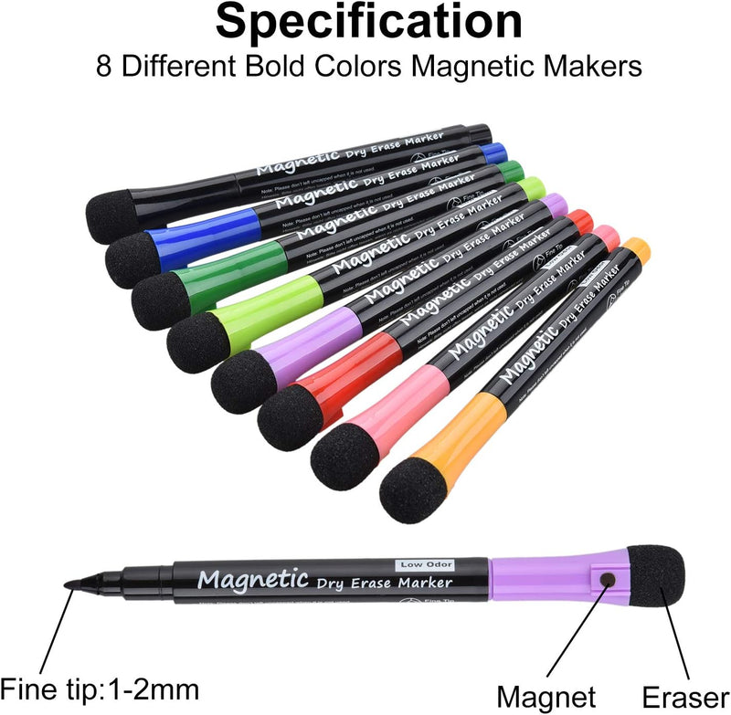 Browill Magnetic Dry Erase Markers, (8 pk) Dealkits Low Odor White Board Markers Whiteboard with Erasers for Kids Teacher Supplies Classroom Work on Board, Calender, Fine Tip Point