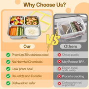 Stainless Steel Snack Containers, 4-Compartment Bento Box with Airtight Lids, Reusable Leakproof Meal Prep Lunch Box for Travel, Picnics, Work, and Food Storage