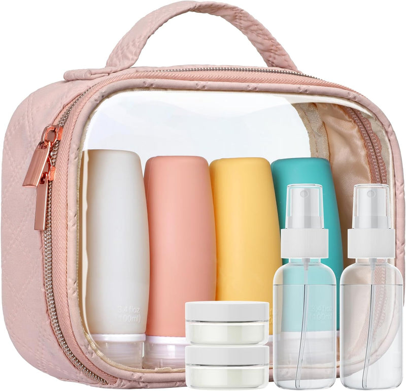 PACKISM TSA Approved Toiletry Bottles - 9 Pack Leakproof 3.4oz Silicone Travel Bottles for Toiletries, Travel Accessories with Clear Makeup Bags for Shampoo Conditioner Lotion Body Wash BPA Free