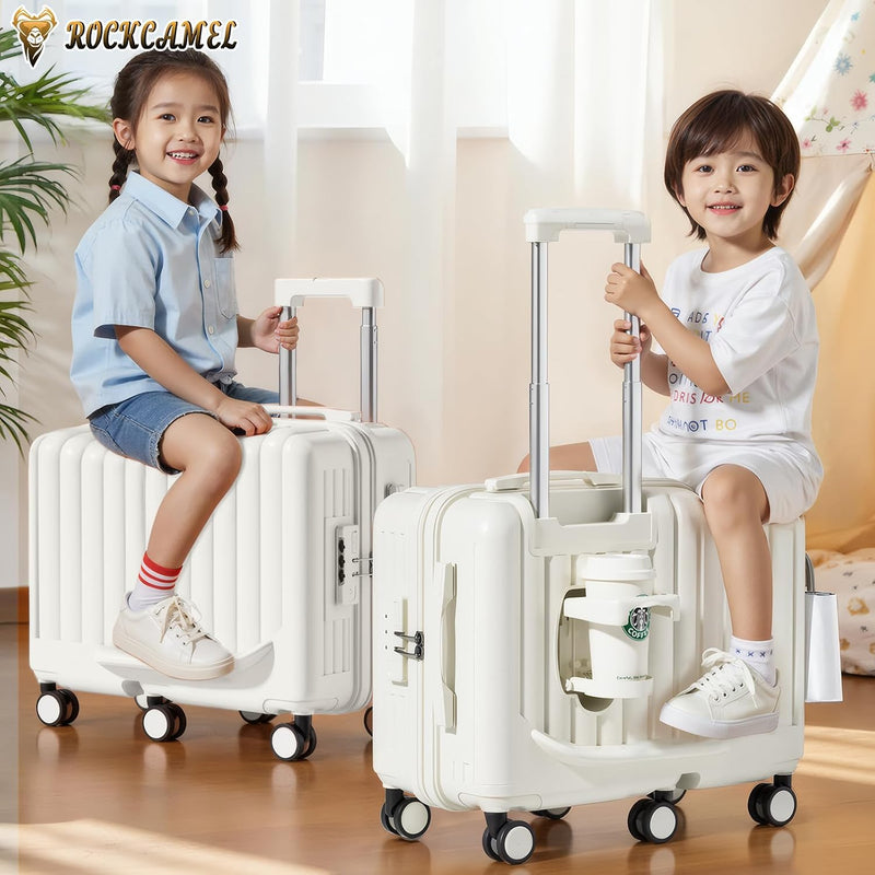 Kids Ride-On Suitcase, 20 Inch ABS Hard Shell Carry-On Case with Cup Holder & Side Hook & Phone Holder, 6 360 Silent Wheels, Build-in Password Lock, Fun Trunk Case for Air Travel, White