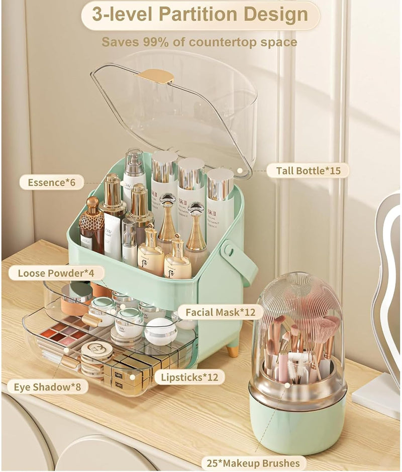 U-HOOME Makeup Organizer Skincare Organizers,Cosmetic Storage with Three Tier Storage Box and Brush Storage Box Cosmetic Display Cases for Bathroom Countertop,Bedroom Vanity Desk and Travel (White)