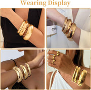 3PCS Chunky Gold Bangle Bracelets for Women Trendy Wide Wrist Cuff Bracelets Stack Bangle Punk Style Wide Chunky Cuff Bracelets Stack Fashion Jewelry Gift