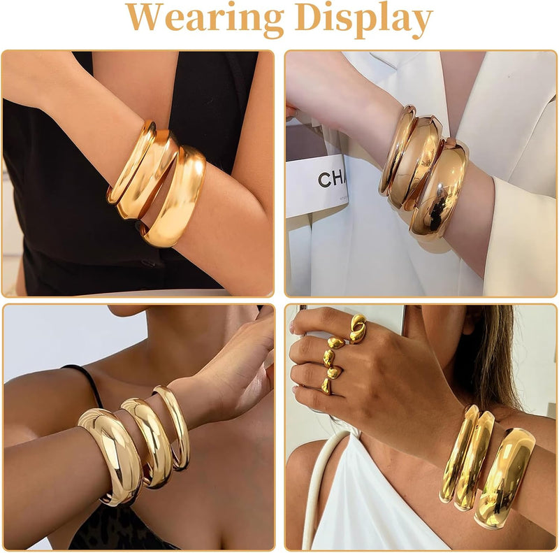 3PCS Chunky Gold Bangle Bracelets for Women Trendy Wide Wrist Cuff Bracelets Stack Bangle Punk Style Wide Chunky Cuff Bracelets Stack Fashion Jewelry Gift