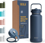 950ml Water Bottle 18/8 Stainless Steel 304 Double Wall Insulated Thermos Bottle with Straw Lid and wide mouth, 2 lids included, Hot Cold Liquids Sports Bottle, 32oz - Marine Blue