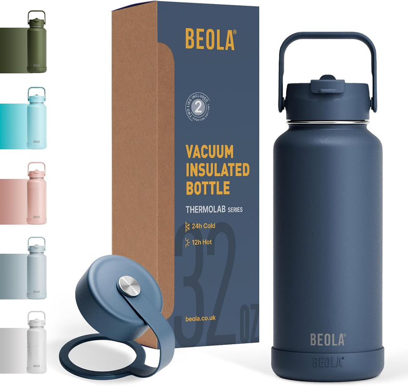 950ml Water Bottle 18/8 Stainless Steel 304 Double Wall Insulated Thermos Bottle with Straw Lid and wide mouth, 2 lids included, Hot Cold Liquids Sports Bottle, 32oz - Marine Blue