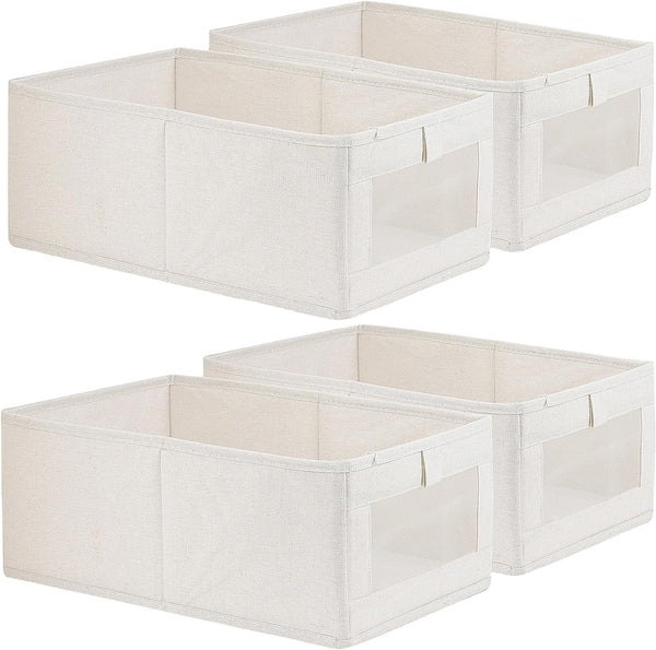 SKY-TOUCH 4Pcs Linen Storage Bins : Closet Organizers and Storage with Clear Window Foldable Large Storage Closet Baskets for Organizing Clothing Toys Books Shelves (Beige 40x27x18cm)