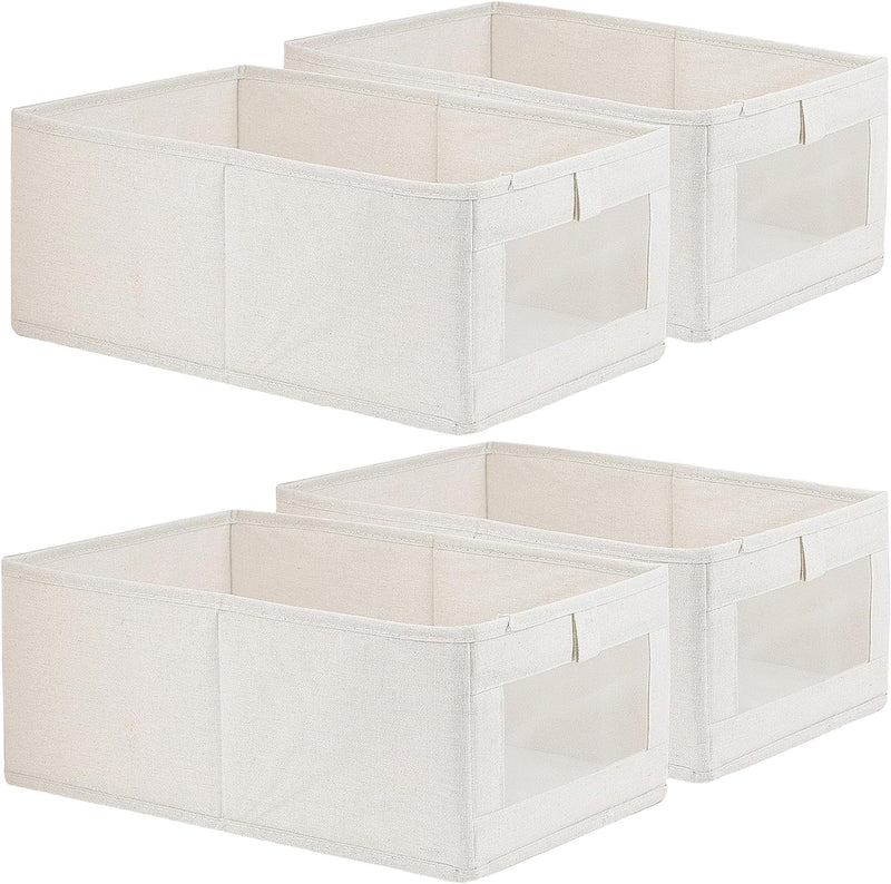 SKY-TOUCH 4Pcs Linen Storage Bins : Closet Organizers and Storage with Clear Window Foldable Large Storage Closet Baskets for Organizing Clothing Toys Books Shelves (Beige 40x27x18cm) - 4PCS