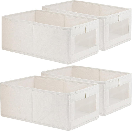 SKY-TOUCH 4Pcs Linen Storage Bins : Closet Organizers and Storage with Clear Window Foldable Large Storage Closet Baskets for Organizing Clothing Toys Books Shelves (Beige 40x27x18cm) - 4PCS