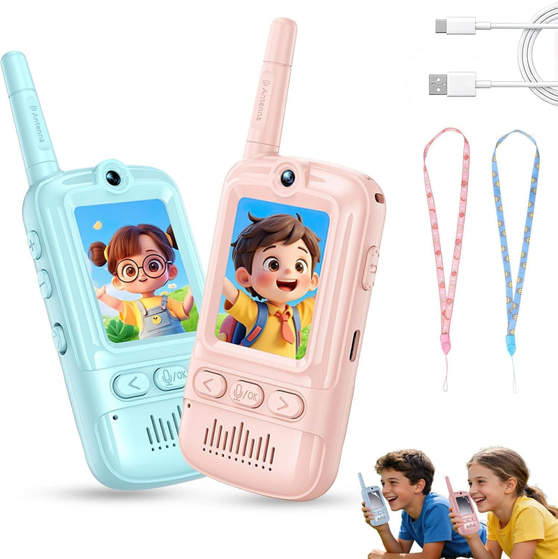 Kids Video Walkie Talkies Toys with Rotating Antenna, 2.0-Inch Screen & 500m Range, Dual-Camera Video Chat Without Wi-Fi, USB-C Rechargeable with Lanyard, Interactive Gift (Blue/Pink)