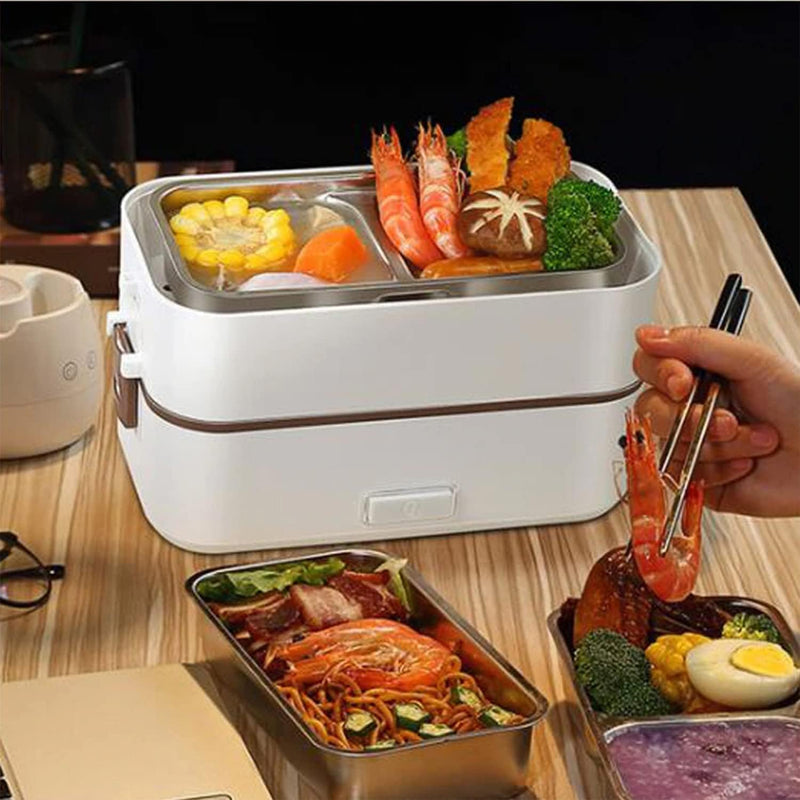 Beauenty Electric Lunch-Bento Box Container -304 Stainless Steel with Removable Compartments Heater For Adult Kids Lunch Warmer in Office/Home/Travel Rice Cooker 220v with Spoon (2 Layers, WHITE) - 2 Layers, WHITE